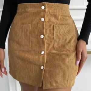 Mini-jupe Boutonnée en Velours Côtelé Kaki