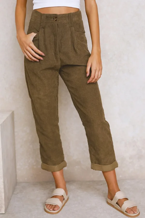 Pantalon Taille Haute Femme en Velours Côtelé Marron